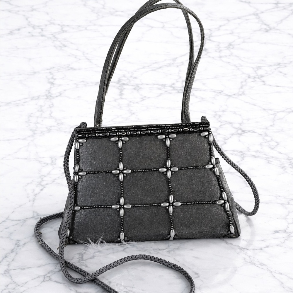 Grey Beaded Evening Mini Bag Shoulder Purse